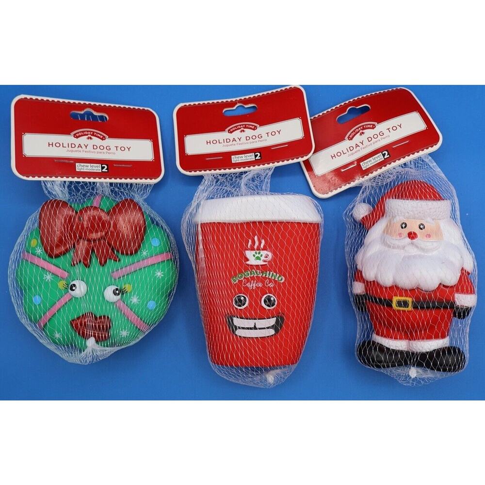 Holiday Time Dog Lot Of 3 Santa Claus,wreath & Cup Vinyl Squeak Toy Christmas
